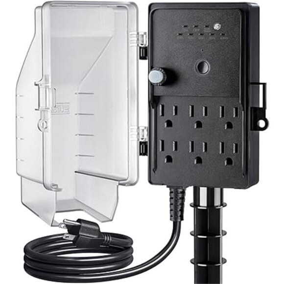 Outdoor Power Stake Light Timer, Dusk to Dawn, 6 Electrical Outlet Power Strip - Picture 8 of 8